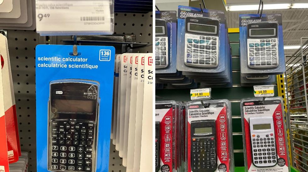 Calculatrices au Bureau en Gros. Droite : Calculatrices scolaires au Dollarama.