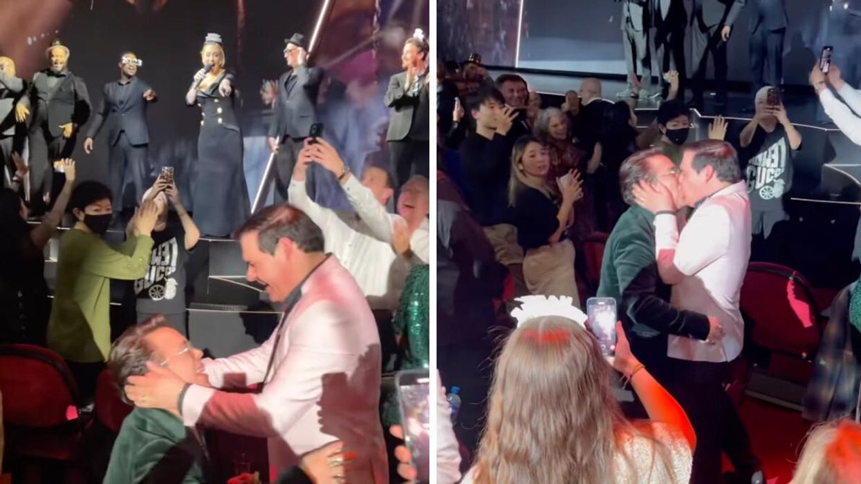 Caleb Campos proposing to his boyfriend with Adele pointing at them. Right: The couple kissing.