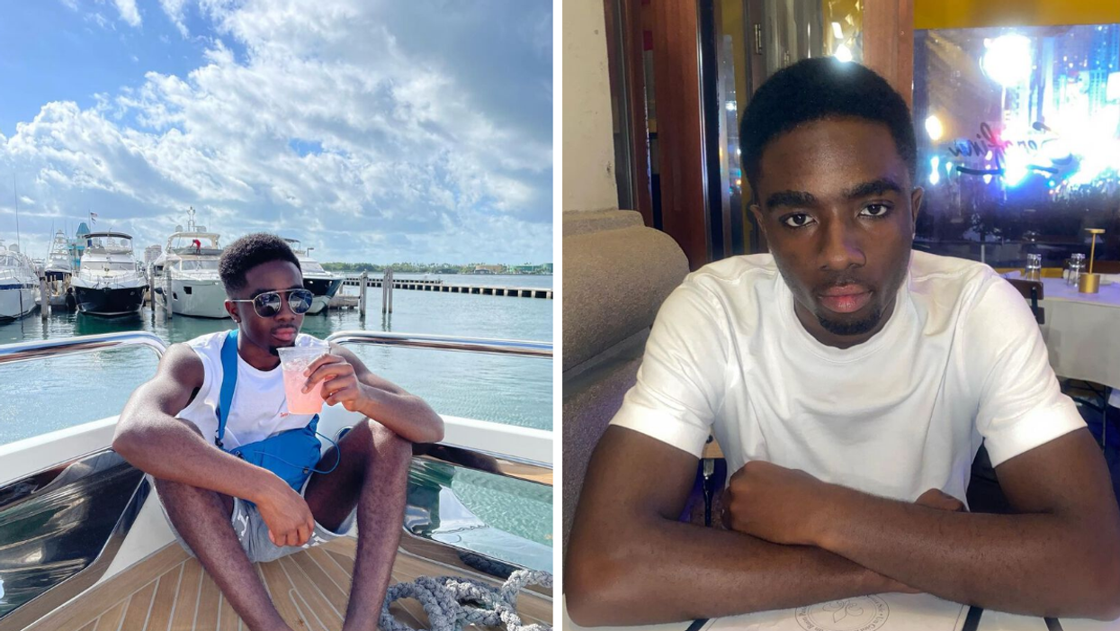 Caleb McLaughlin on a yacht in Miami. Right: Caleb McLaughlin at a dinner table.