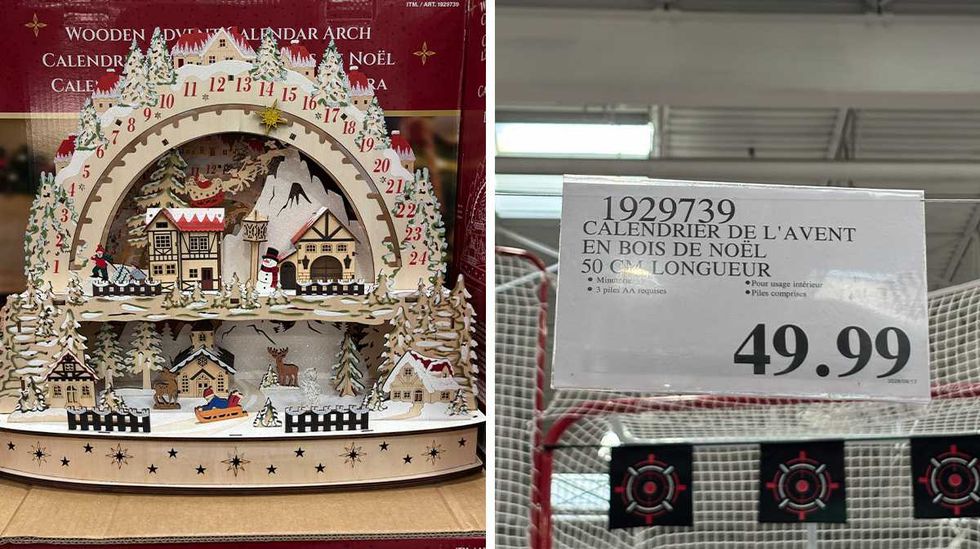 Calendrier de l'Avent en bois en vente chez Costco. Droite : affiche de prix Costco pour le calendrier de l'Avent en bois.