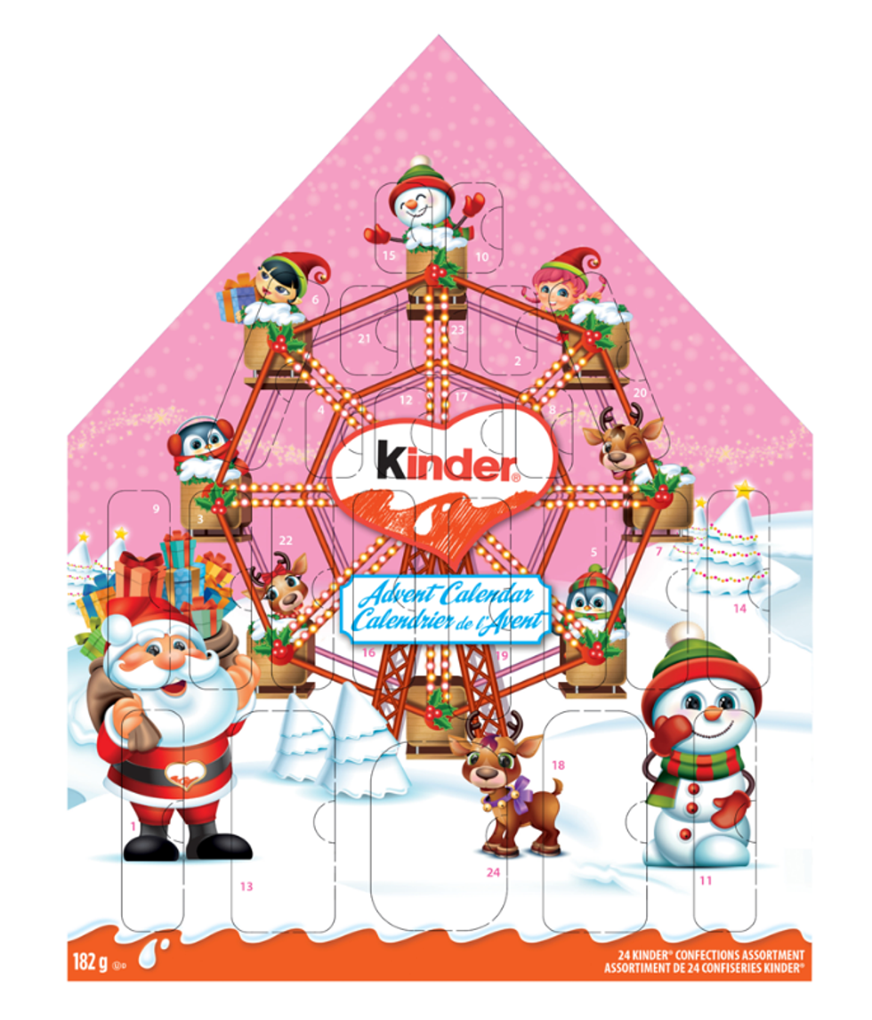 Calendrier de l'avent rose Kinder avec illustration de No\u00ebl.