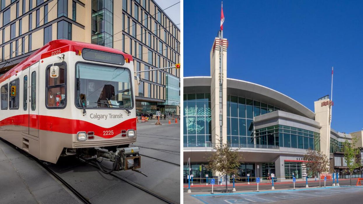 Calgary C-Train. Right: The CF Chinook Centre in Calgary.