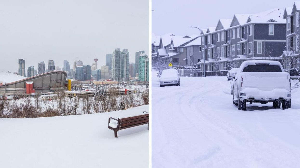 Calgary in snow. Right: A street in Calgary in snow.