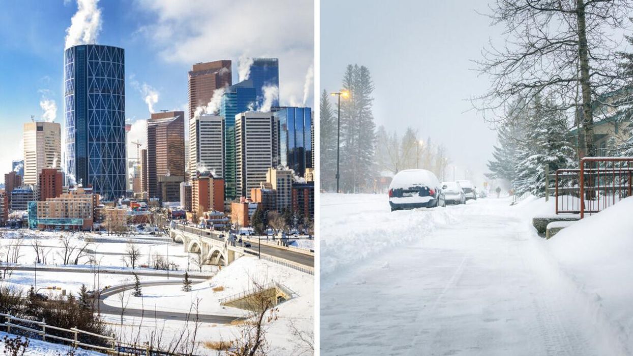 Calgary in winter. Right: A snowy street.