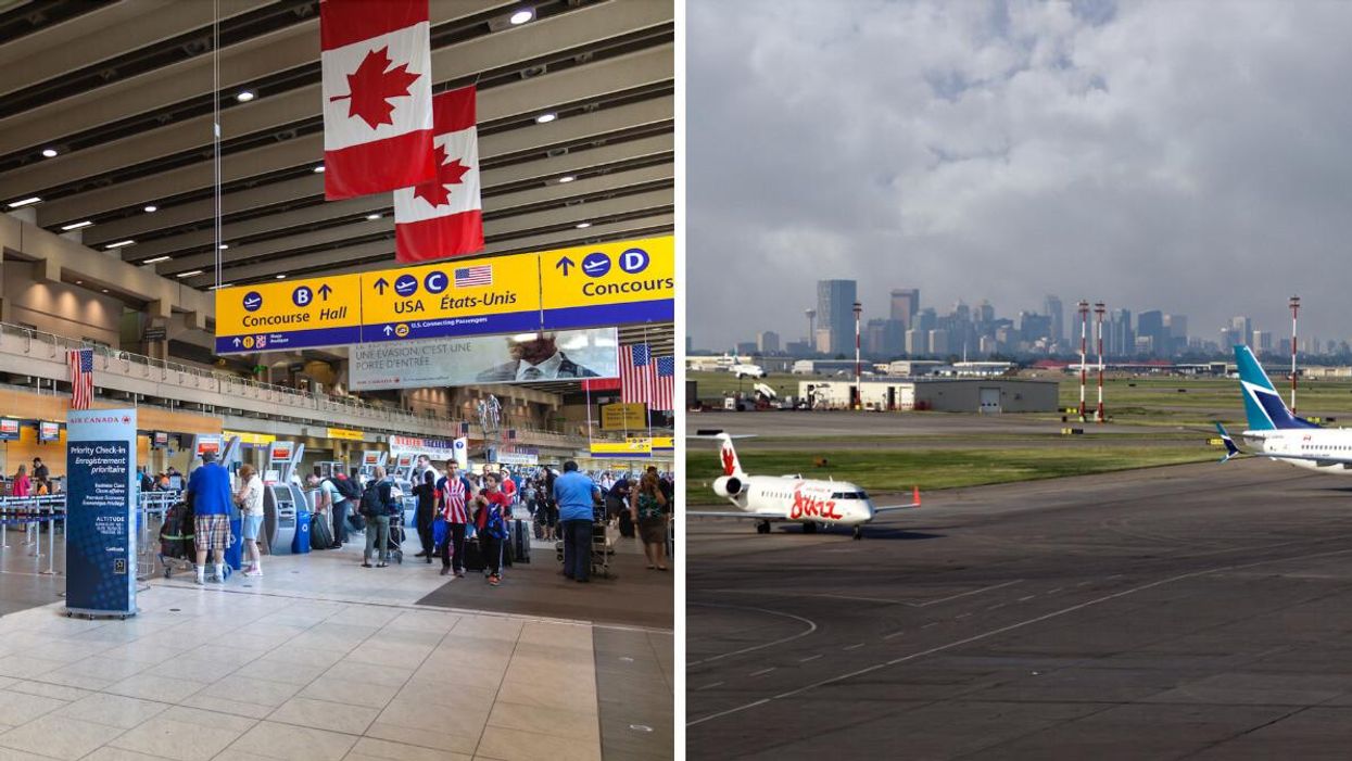 Calgary International Airport. Right: YYC tarmac with WestJet airplane tail.