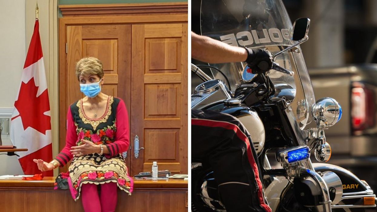 Calgary Mayor Jyoti Gondek. Right: A Calgary Police Officer on a motorcycle.
