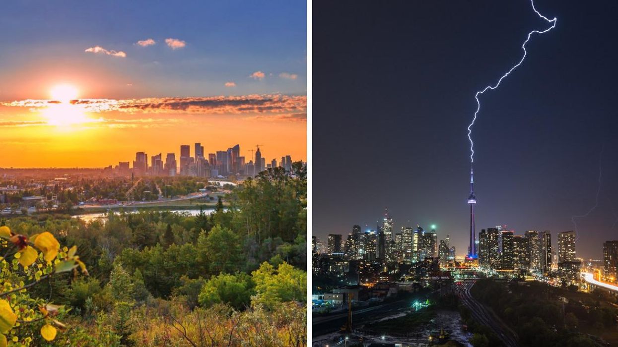 Calgary skyline in the summer. Right: Lightning striking the CN Tower in Toronto.