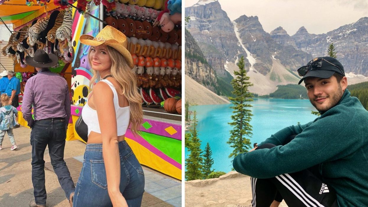 Calgary Stampede. Right: Moraine Lake, Banff.