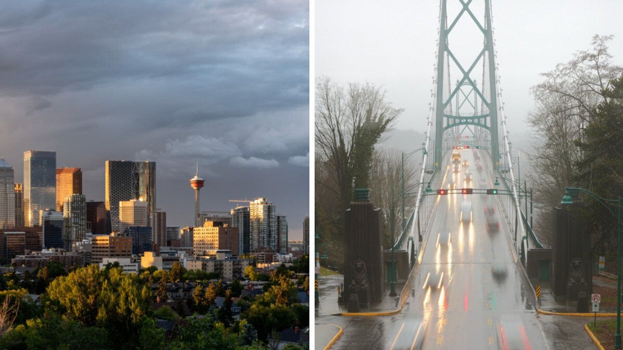 Calgary with storm clouds. Right: A city bridge in the rain.