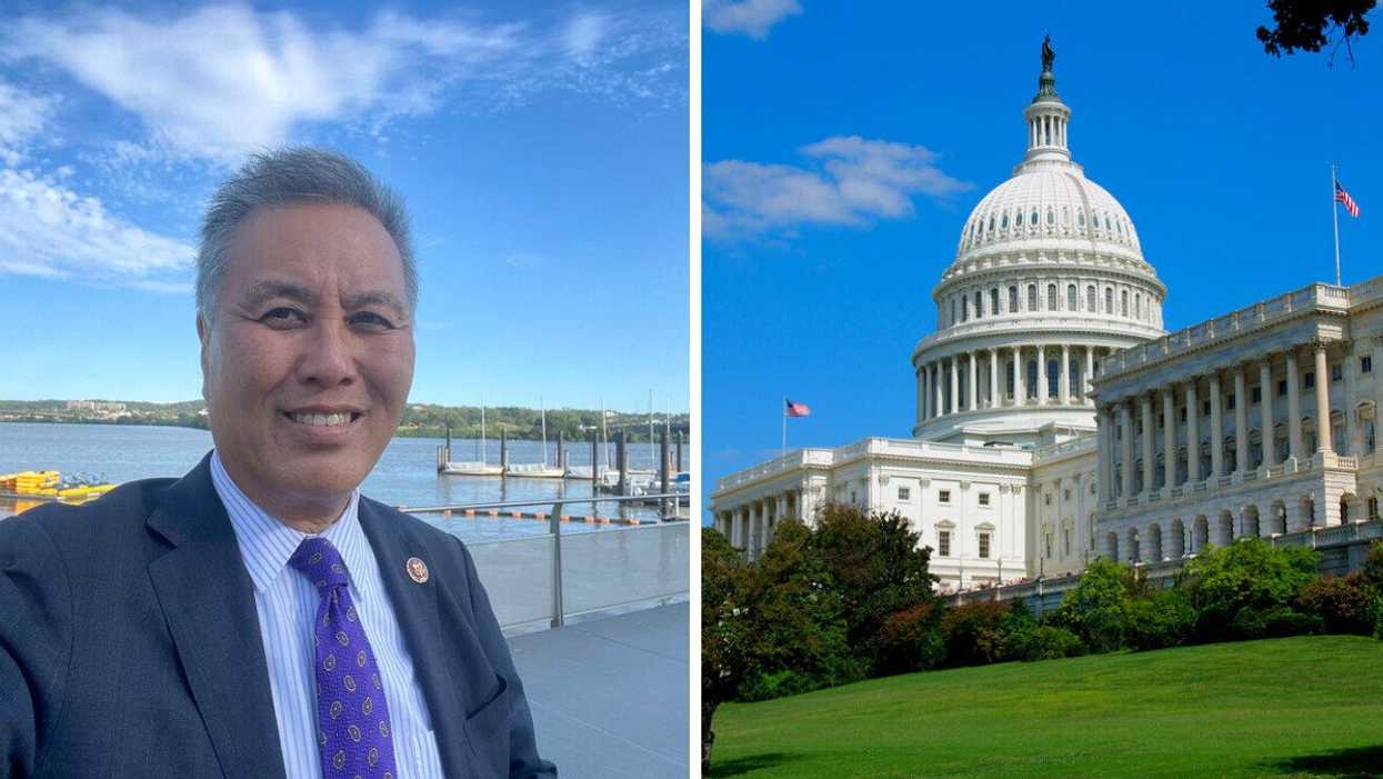 California Congressman Mark Takano taking a selfie. Right: The U.S. Capitol in Washington, D.C.