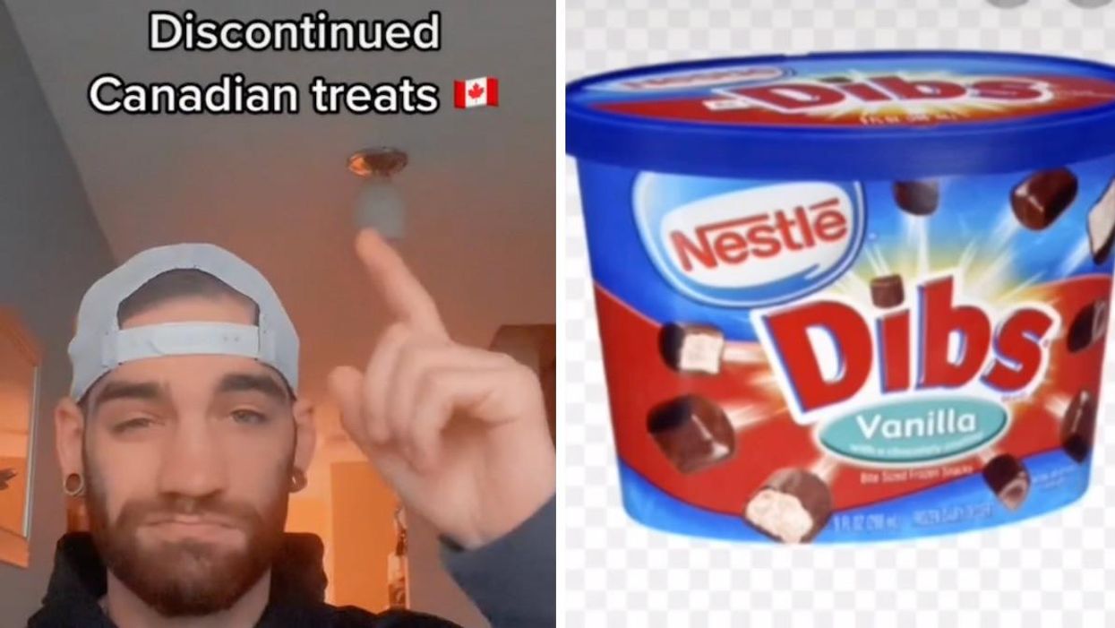 @callmeblais in a TikTok showing discontinued Canadian snacks. Right: Dibs ice cream.