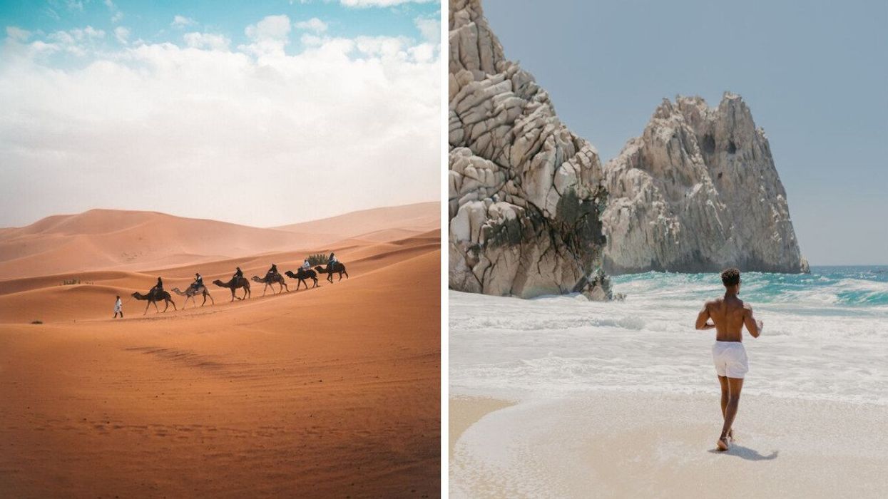Camels in the desert in Egypt. Right: Someone on a beach in Mexico