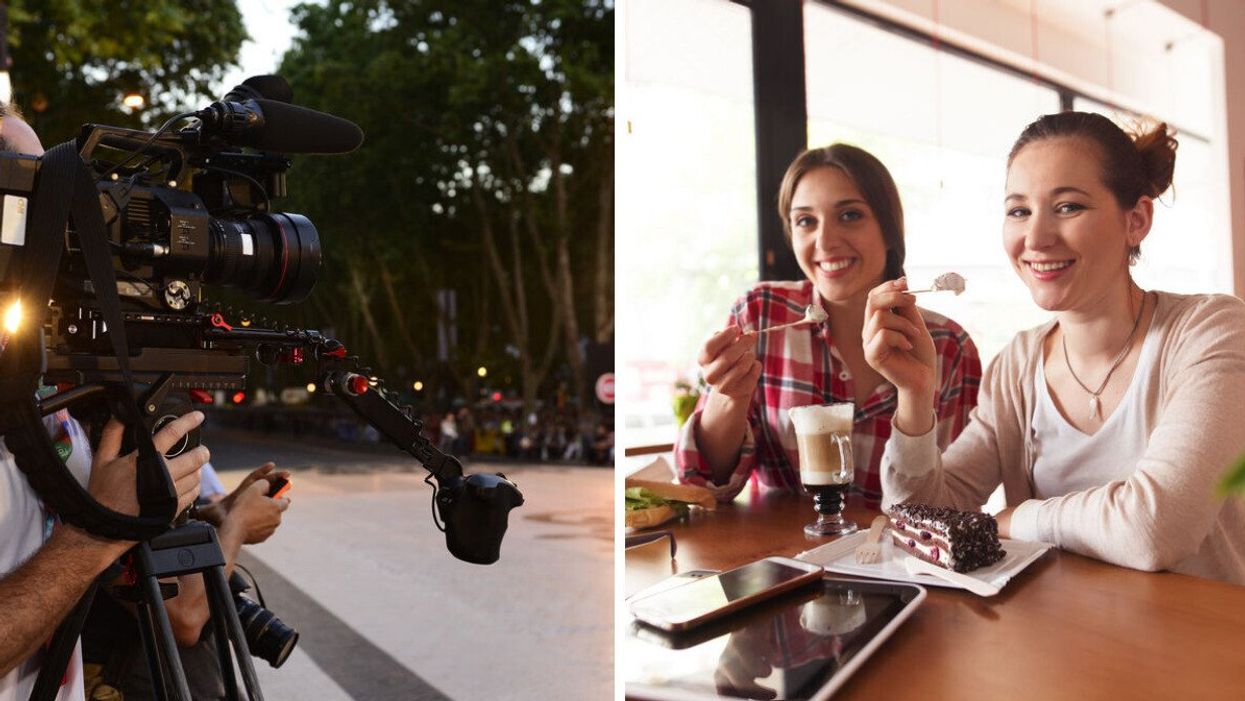 Camera man. Right: Two friends in a coffee shop.