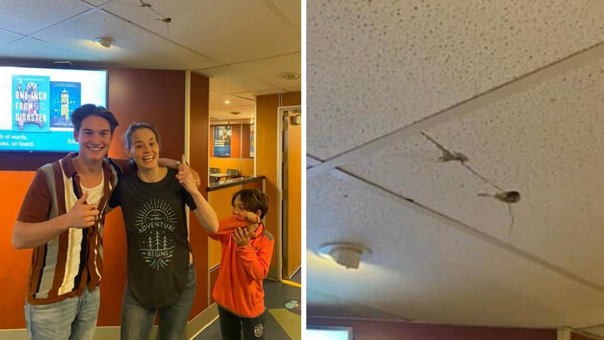 Cameron Whitcomb, Gillian Legendre and her son pointing at the hole in the roof. Right: BC Ferries boat.