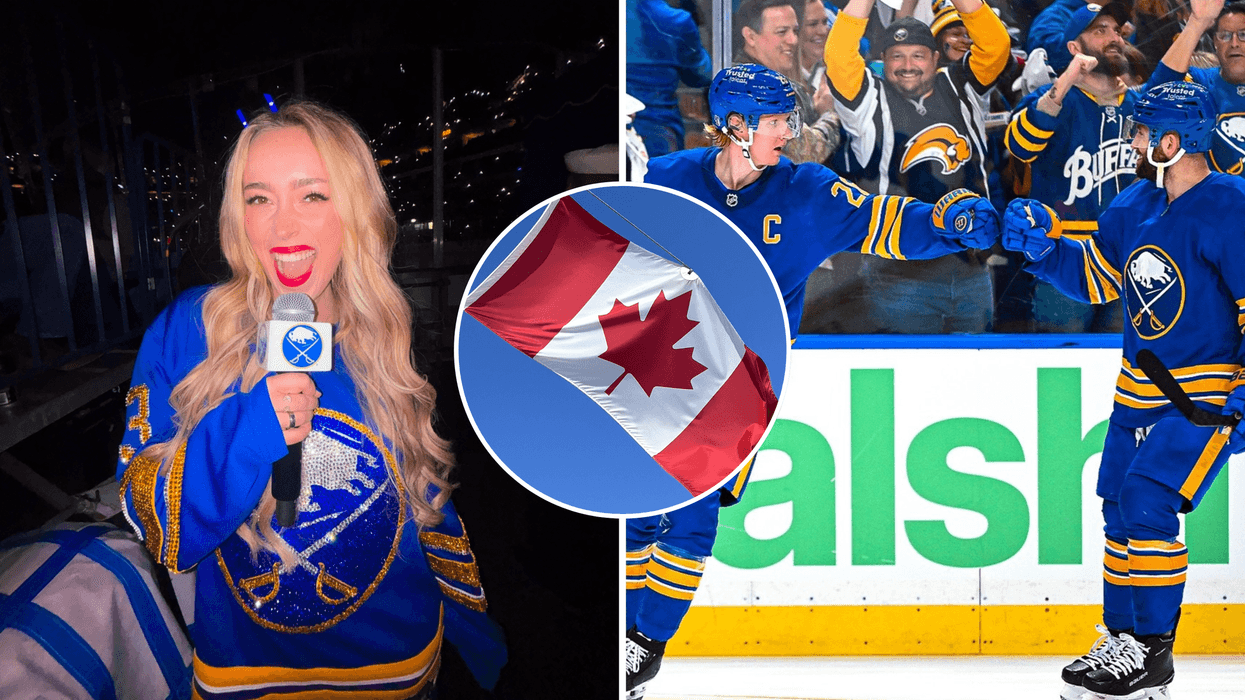 Cami Clune. Droite : les Sabres de Buffalo. En mortaise : un drapeau canadien