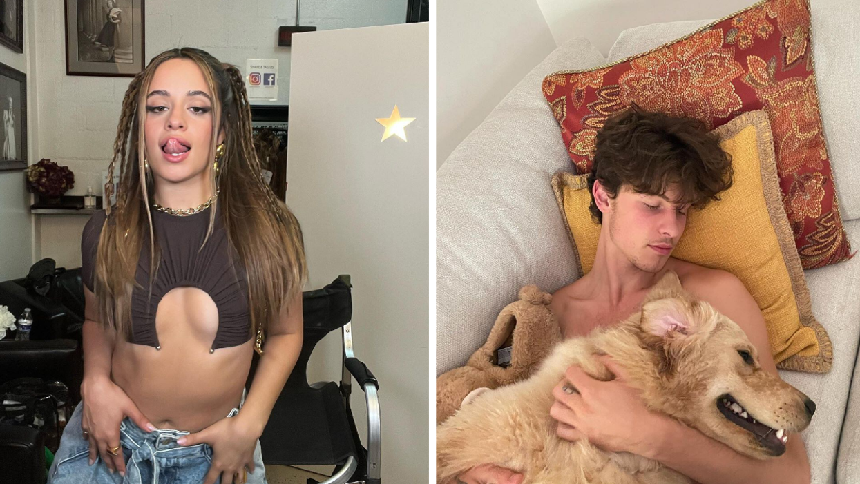 Camila Cabello in a dressing room. Right: Shawn Mendes with Tarzan the dog.