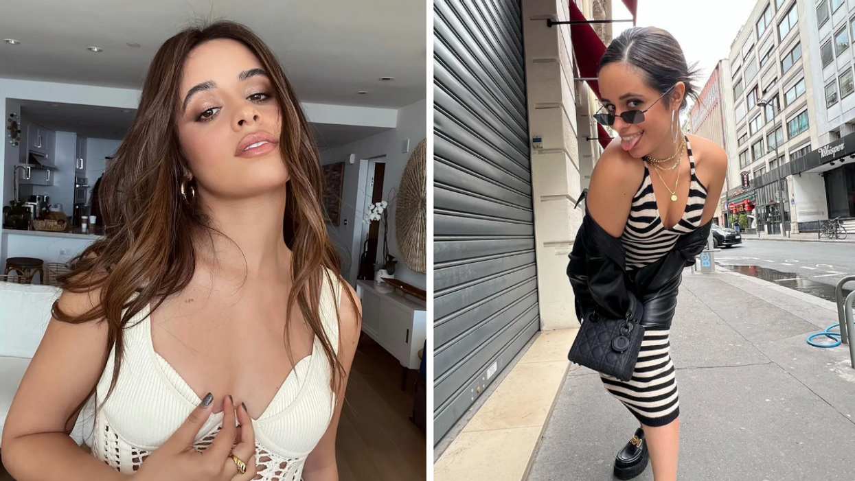 Camila Cabello in a white top with her hand on her chest. Right: Camila Cabello in a black and white striped midi dress.