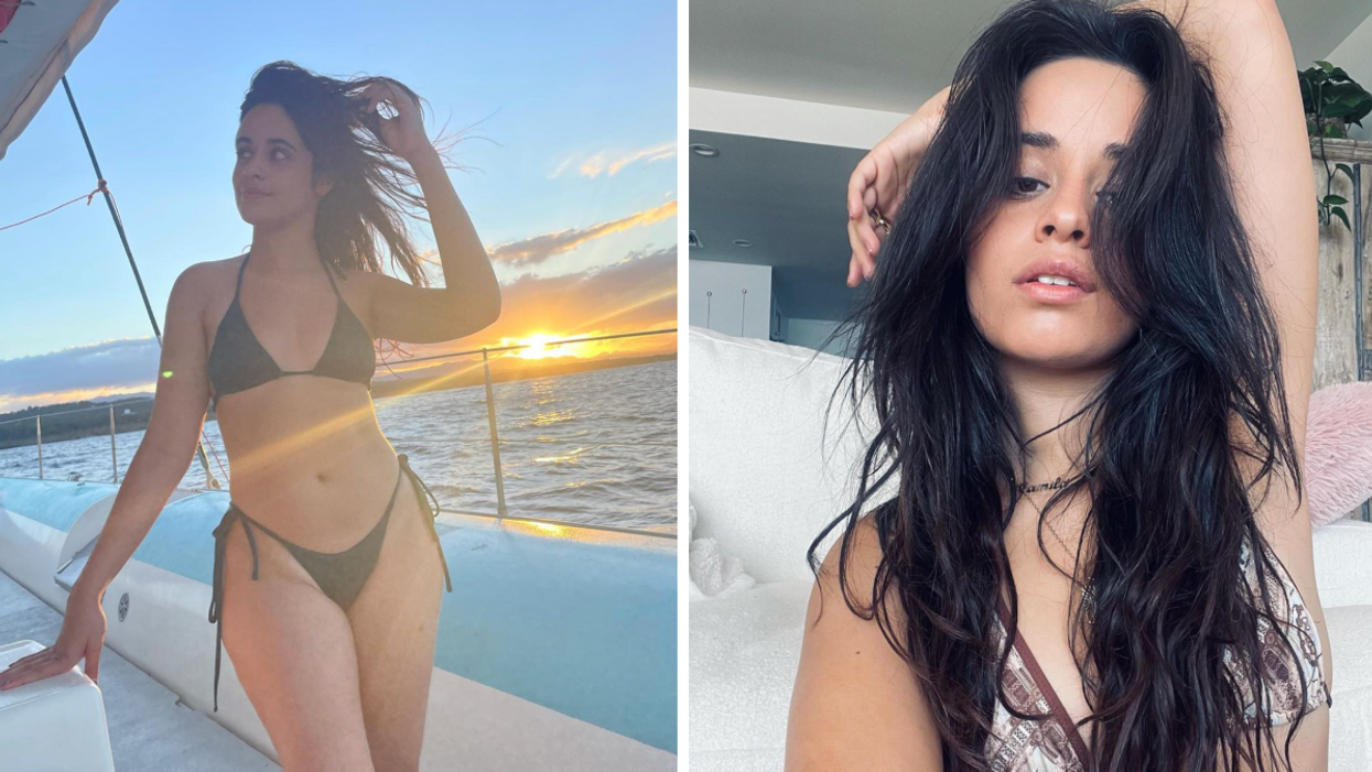 Camila Cabello on a boat. Right: A photo of Camila Cabello posing.