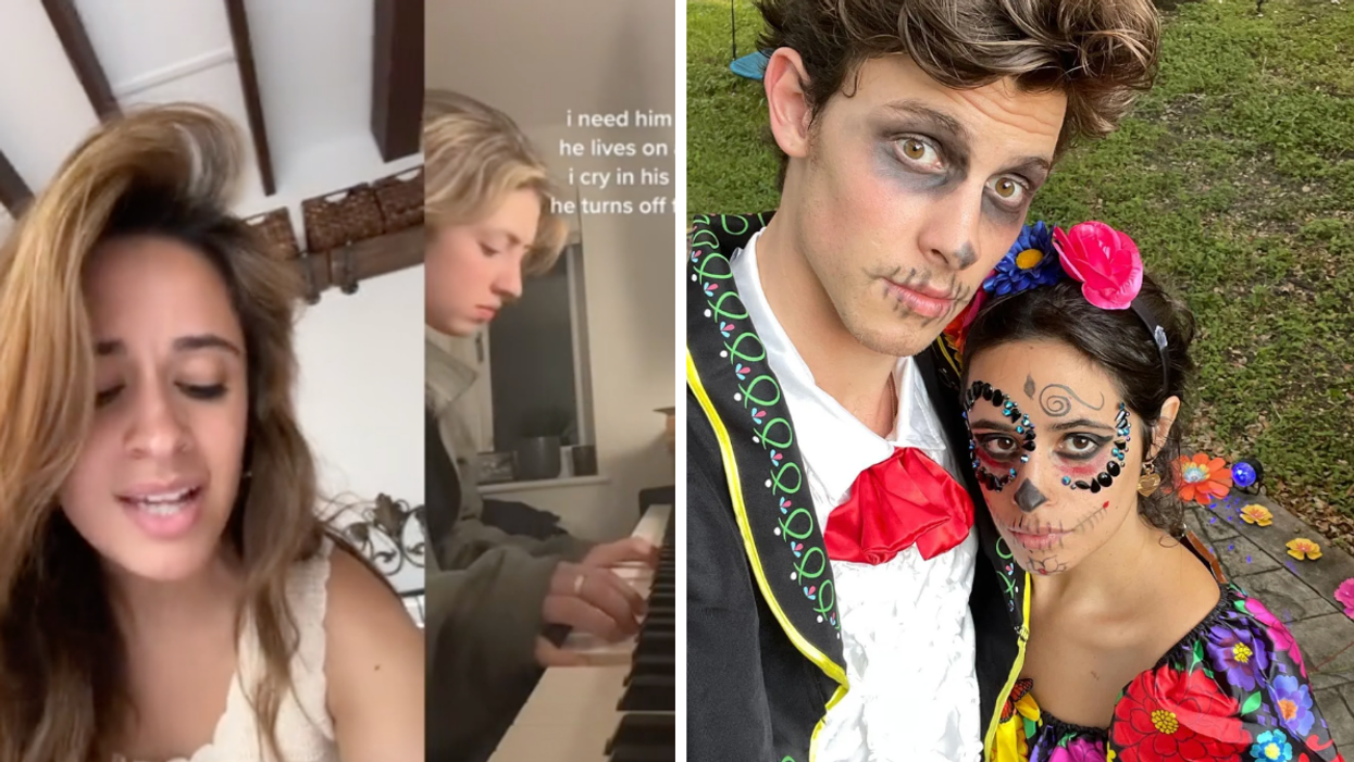 Camila Cabello singing a song on TikTok. Right: Camila Cabello and ex Shawn Mendes.