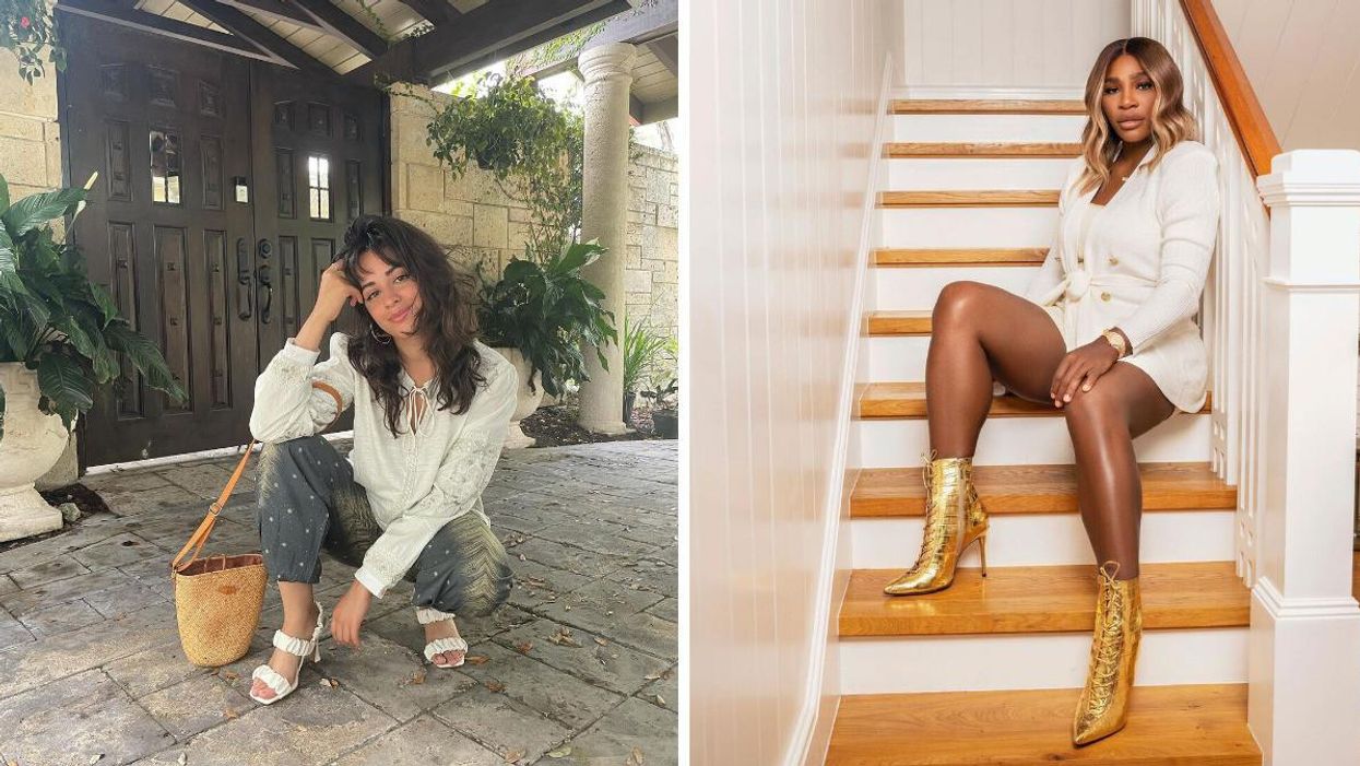Camila Cabello smiling in Miami, FL. Right: Serena Williams posing in a staircase.
