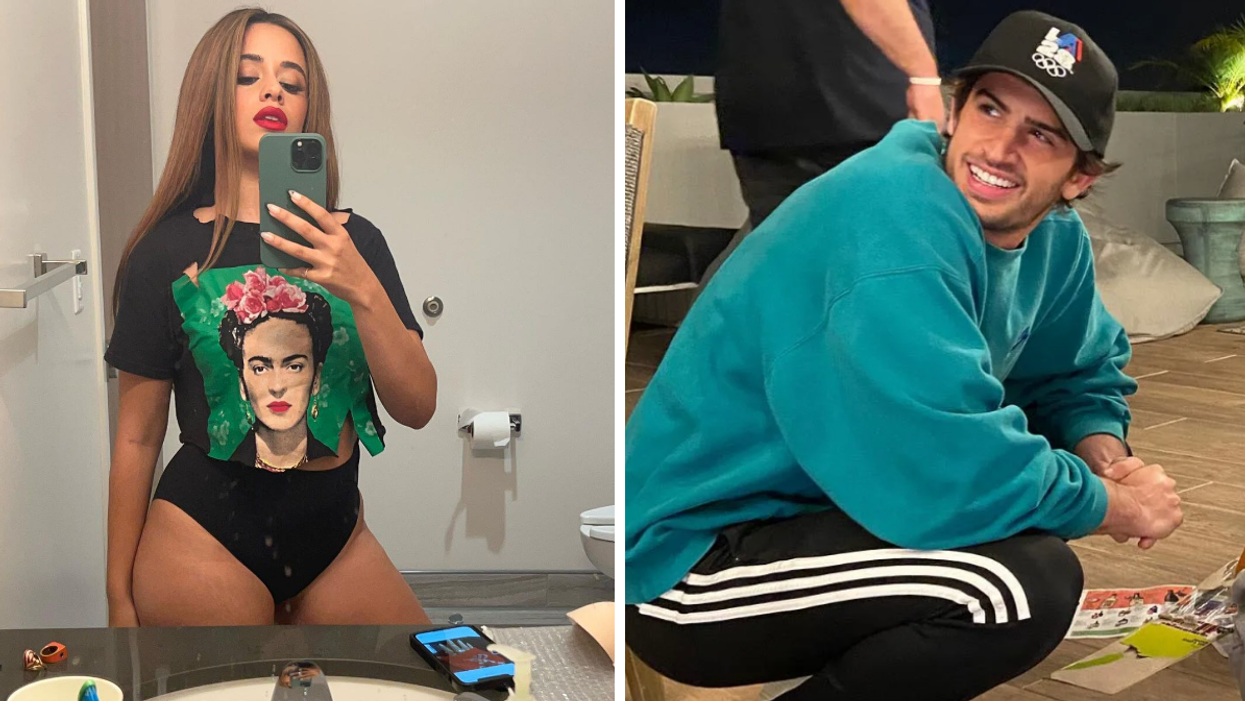 Camila Cabello takes a picture in the mirror in a Frida Khalo shirt. Right: Austin Kevitch squatting in a blue sweater.