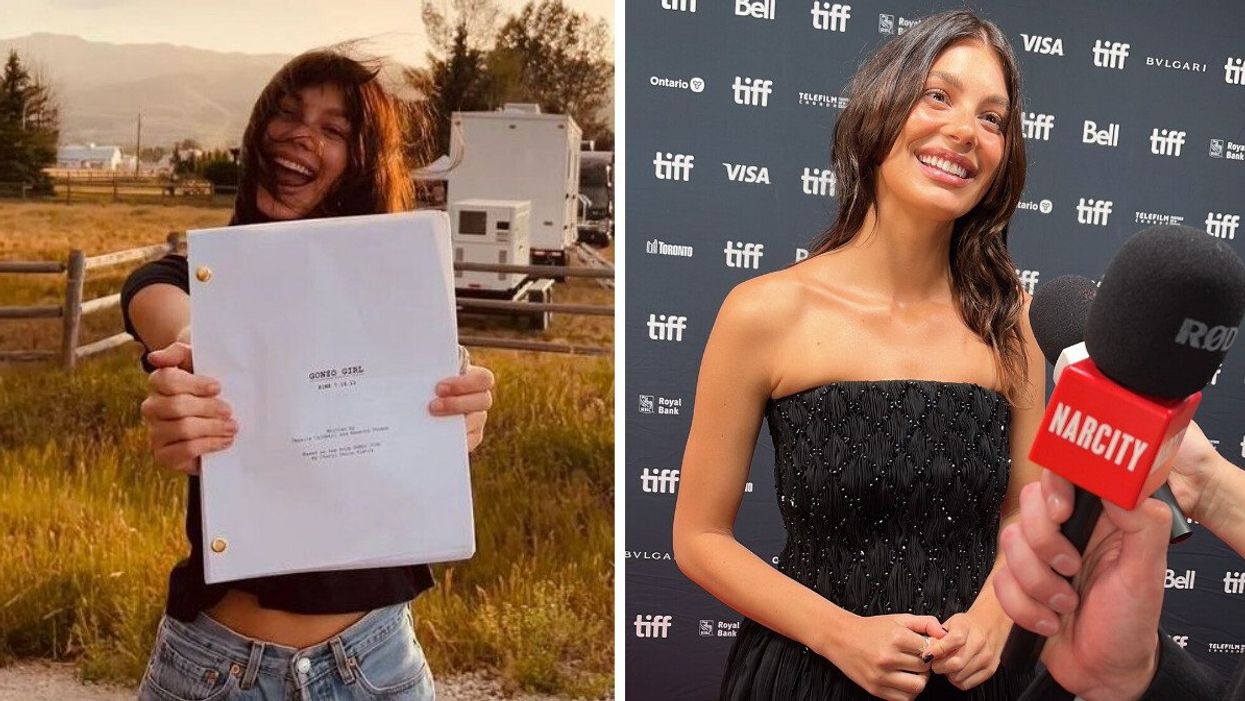 Camila Morrone with her "Gonzo Girl" script on set. Right: Camila Morrone at the TIFF 2023 red carpet premiere of "Gonzo Girl."