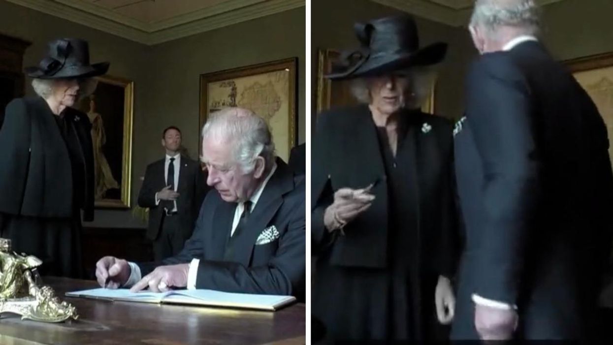Camilla, the Queen Consort and King Charles III at a signing in Northern Ireland.