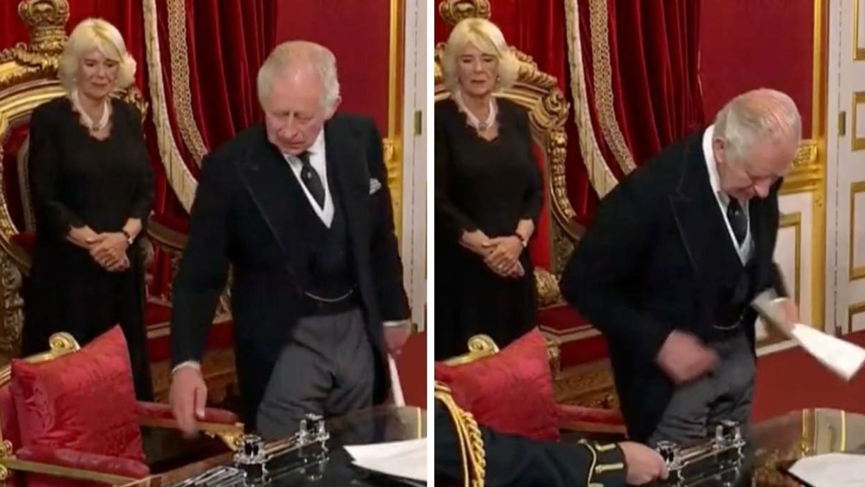 Camilla, the Queen Consort looks on as King Charles III orders his desk to be cleared.