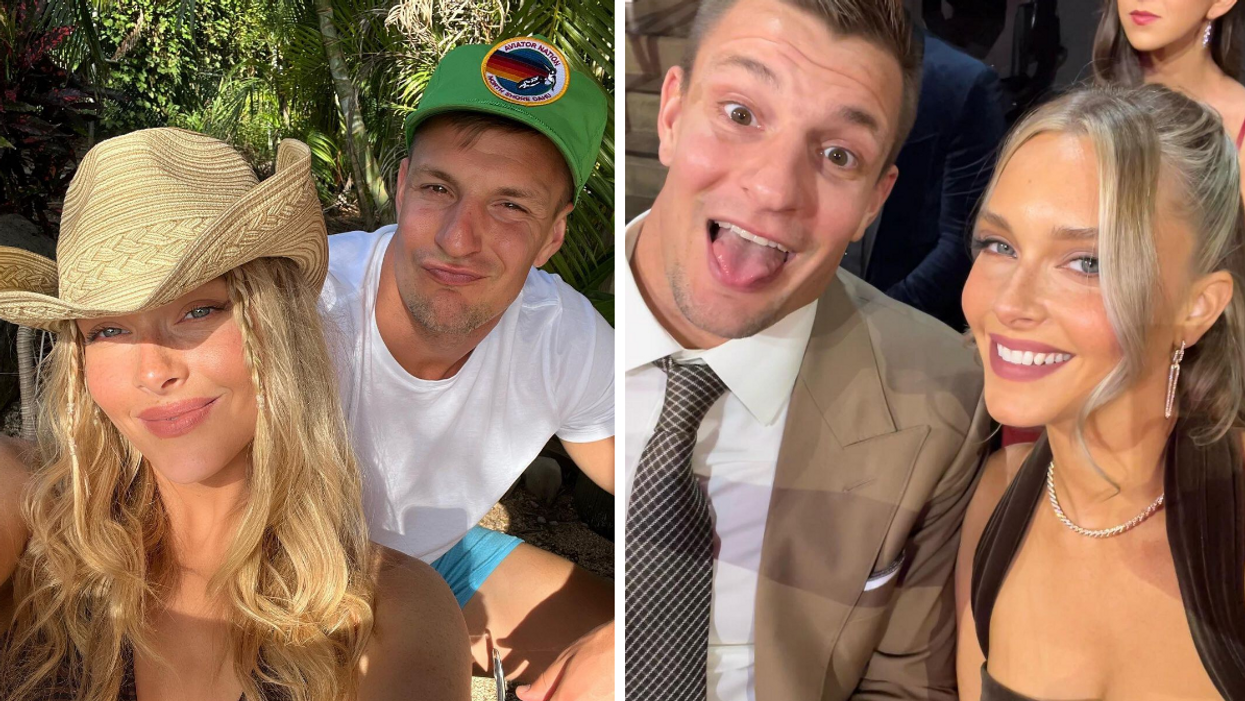 Camille Kostek and Rob Gronkowski outside. Right: Rob Gronkowski with his tongue out and Camille Kostek all dressed up.