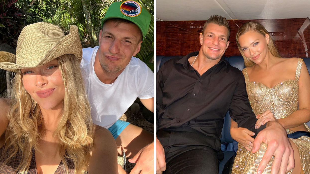 Camille Kostek and Rob Gronkowski with hats on. Right: Rob Gronkowski and Camille Kostek all dressed up.