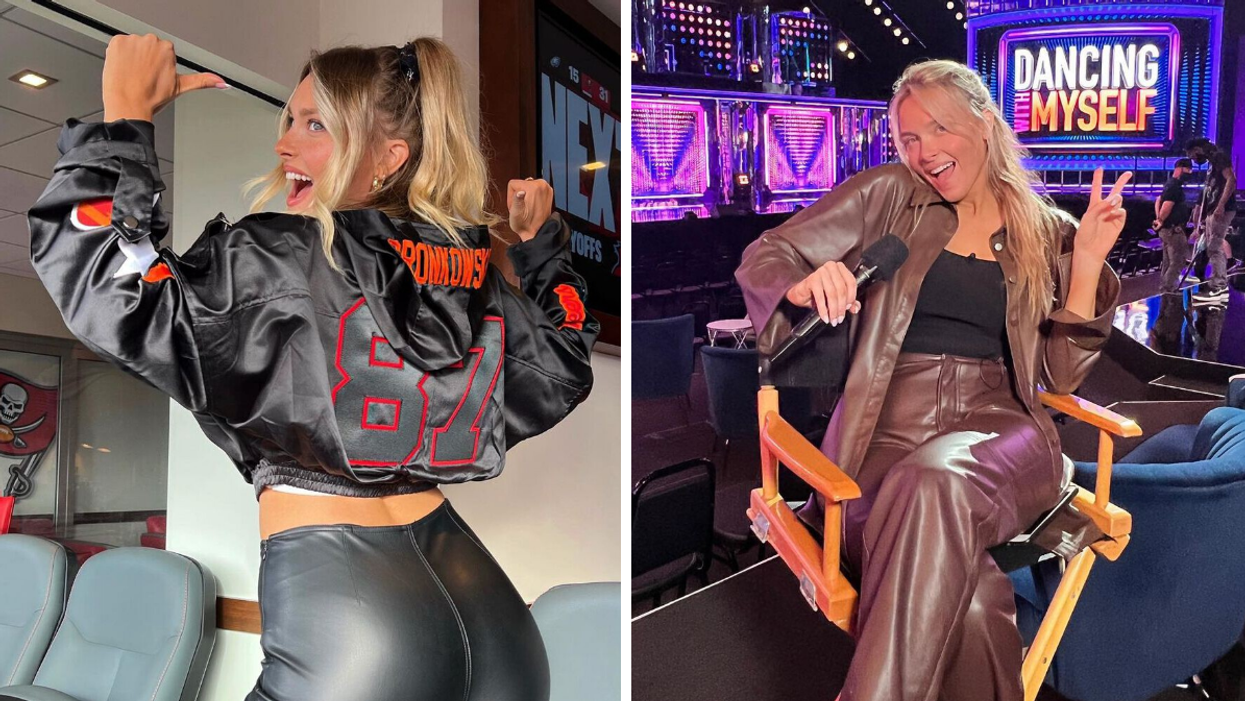 Camille Kostek with a Gronkowski sweater on. Right: Camille Kostek hosting 'Dancing With Myself'.