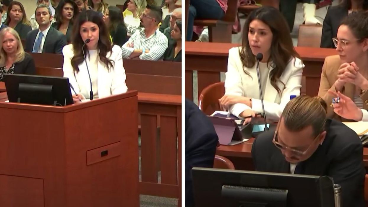 Camille Vasquez in court. Right: Camille Vasquez in court with Johnny Depp.