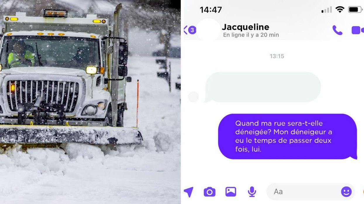Camion de déneigement. Droite : Message envoyé à la Ville de Saint-Colomban.