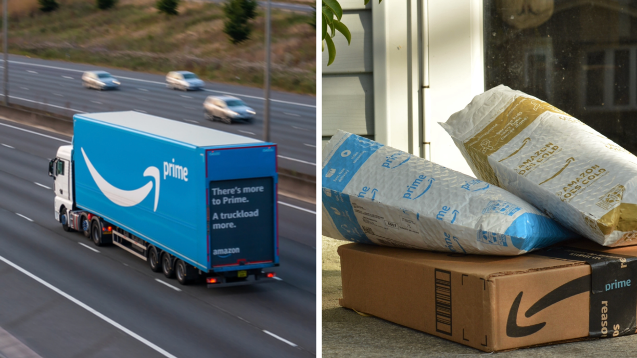 Camion de livraison Amazon Prime sur une autoroute. Droite : Des colis Amazon Prime.