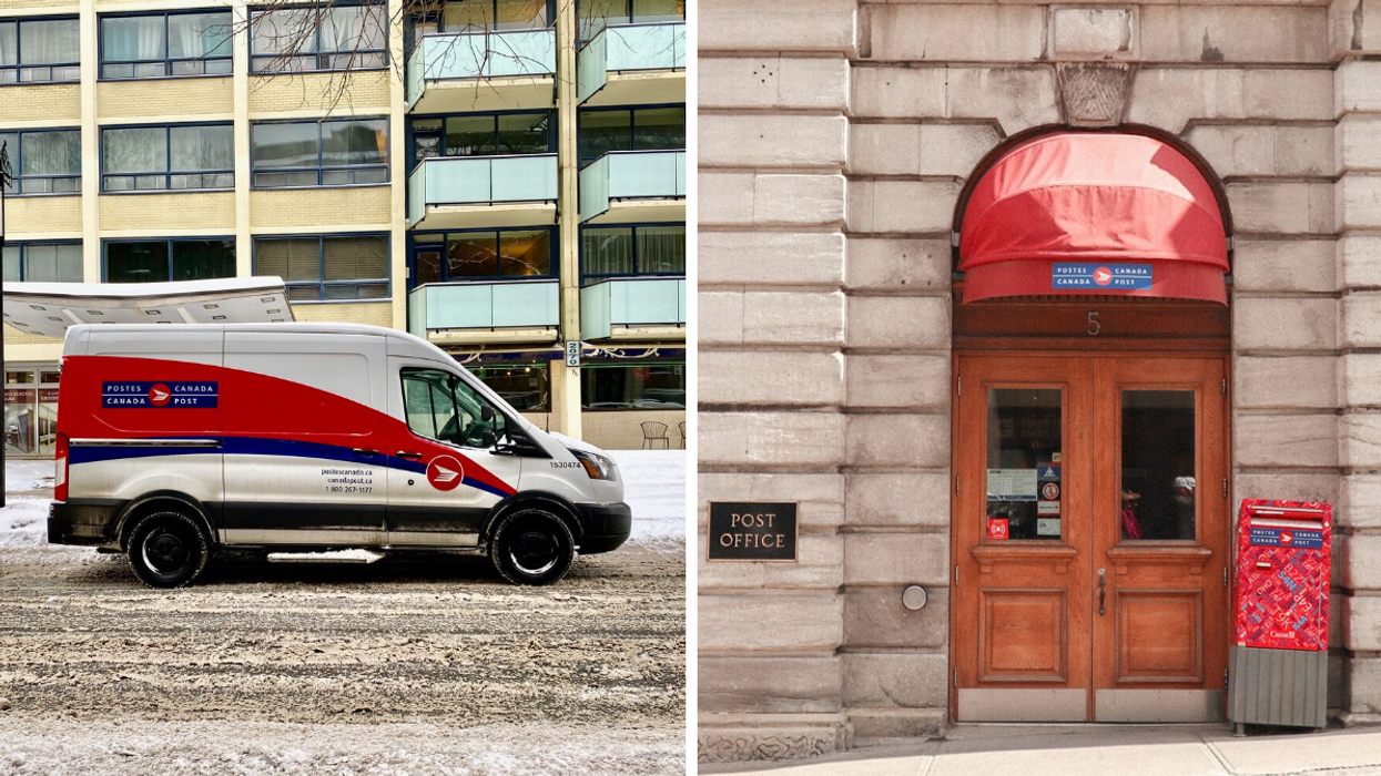 Camion de Postes Canada. Droite : Bureau de Postes Canada.