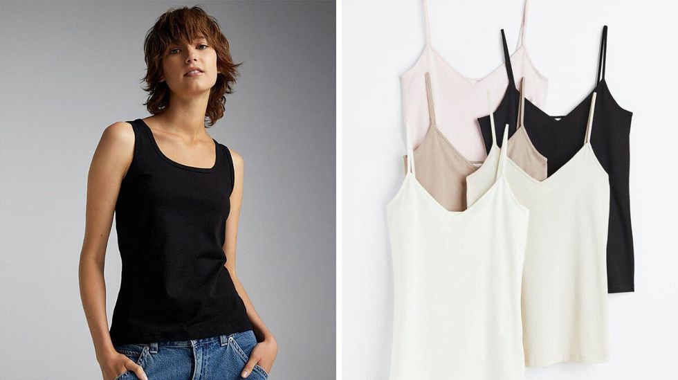 Camisole au Simons. Droite : Lot de camisoles au H&M.
