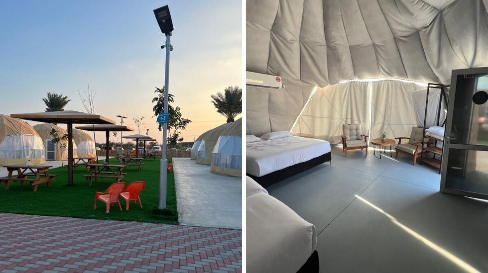 Camp Sahara in Israel. Right: Inside a glamping dome in Israel.