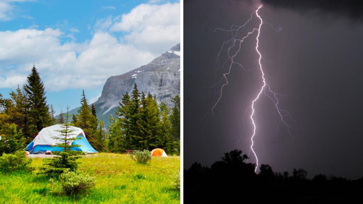 Camping in Alberta. Right: A lightning bolt strikes across a dark sky.