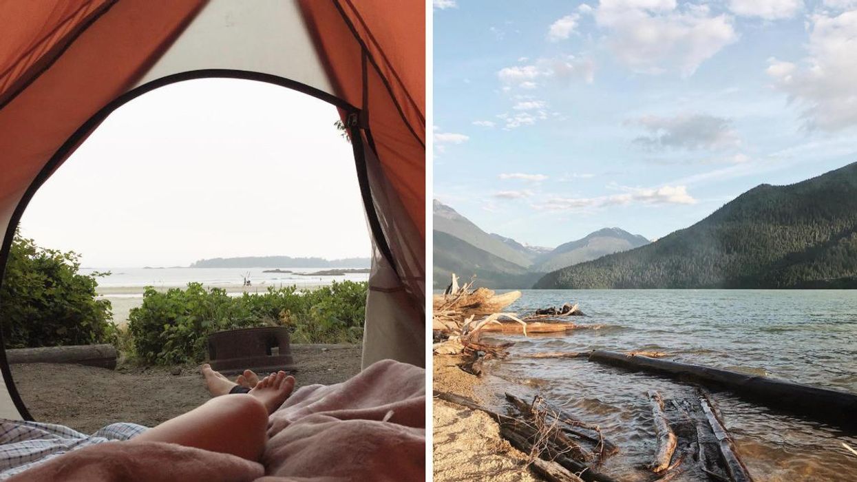 Camping on Bella Pacifica Campground in Tofino, B.C. Right: Campsite in B.C.