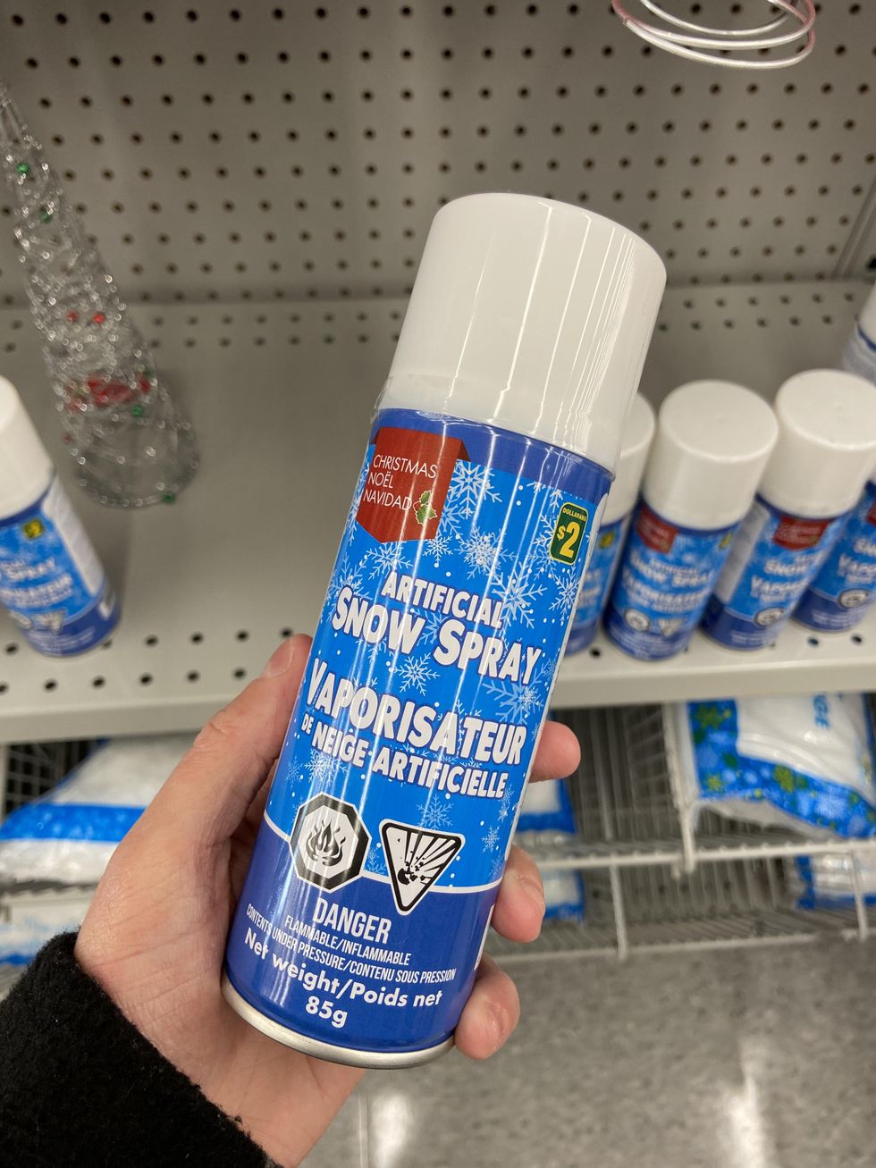 Can of artificial snow spray from Dollarama.
