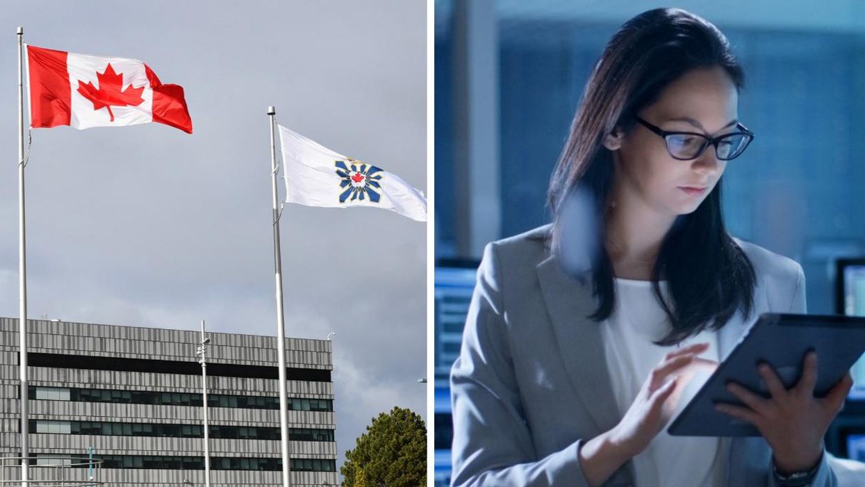 Canada and CSIS flags near a building. Right: A CSIS employee looking at an iPad.
