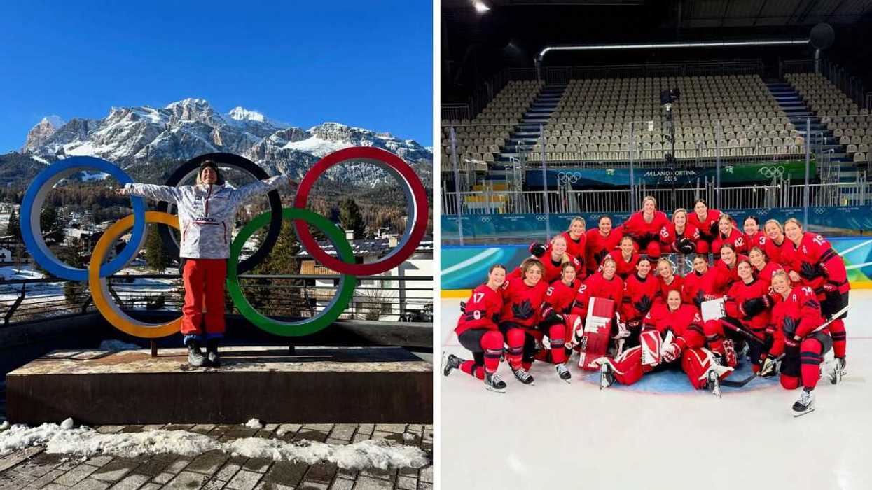 canada athlete kelsey mitchell in front of olympic rings and mountains in cortina. right: canada women's hockey team on ice rink in milan