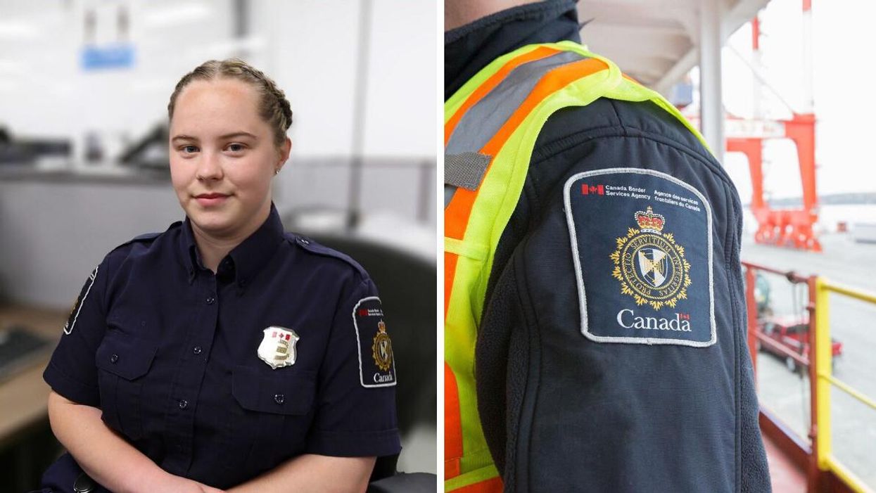 Canada Border Services Agency (CBSA) employee sitting at a desk. Right: CBSA patch on a uniform.