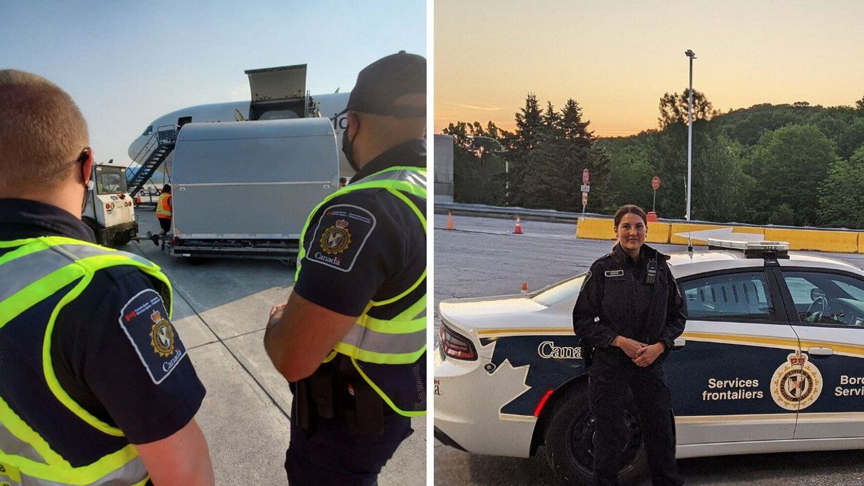 Canada Border Services Agency employees standing on an airport tarmac. Right: Canada Border Services Agency worker in front of a CBSA vehicle.