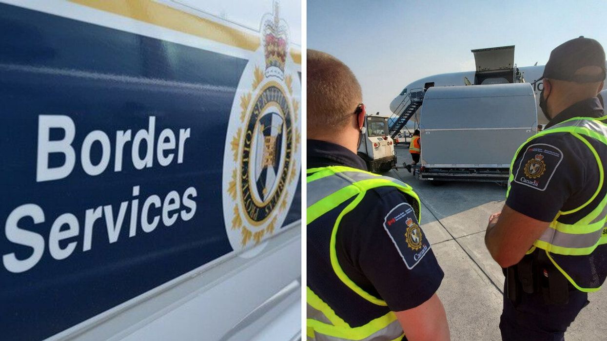 canada border services agency logo on a vehicle. right: border services officers on an airport tarmac in front of a plane
