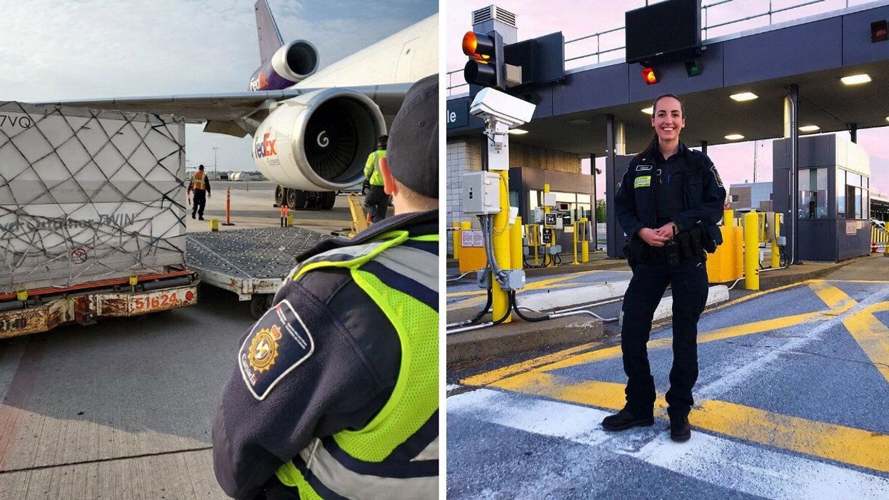 Canada Border Services Agency worker at an airport. Right: CBSA employee at a land border crossing.