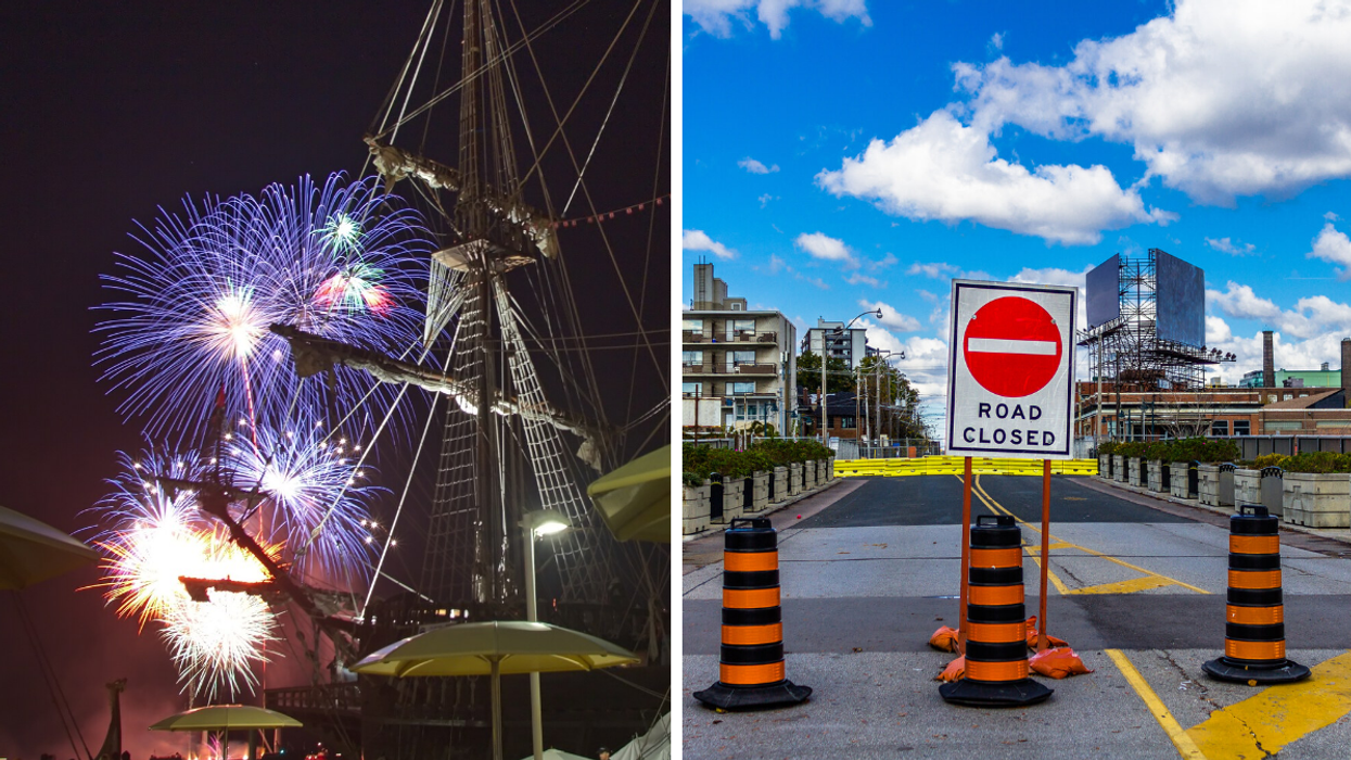 Canada Day fireworks in Toronto. Right: A road closed in Toronto.