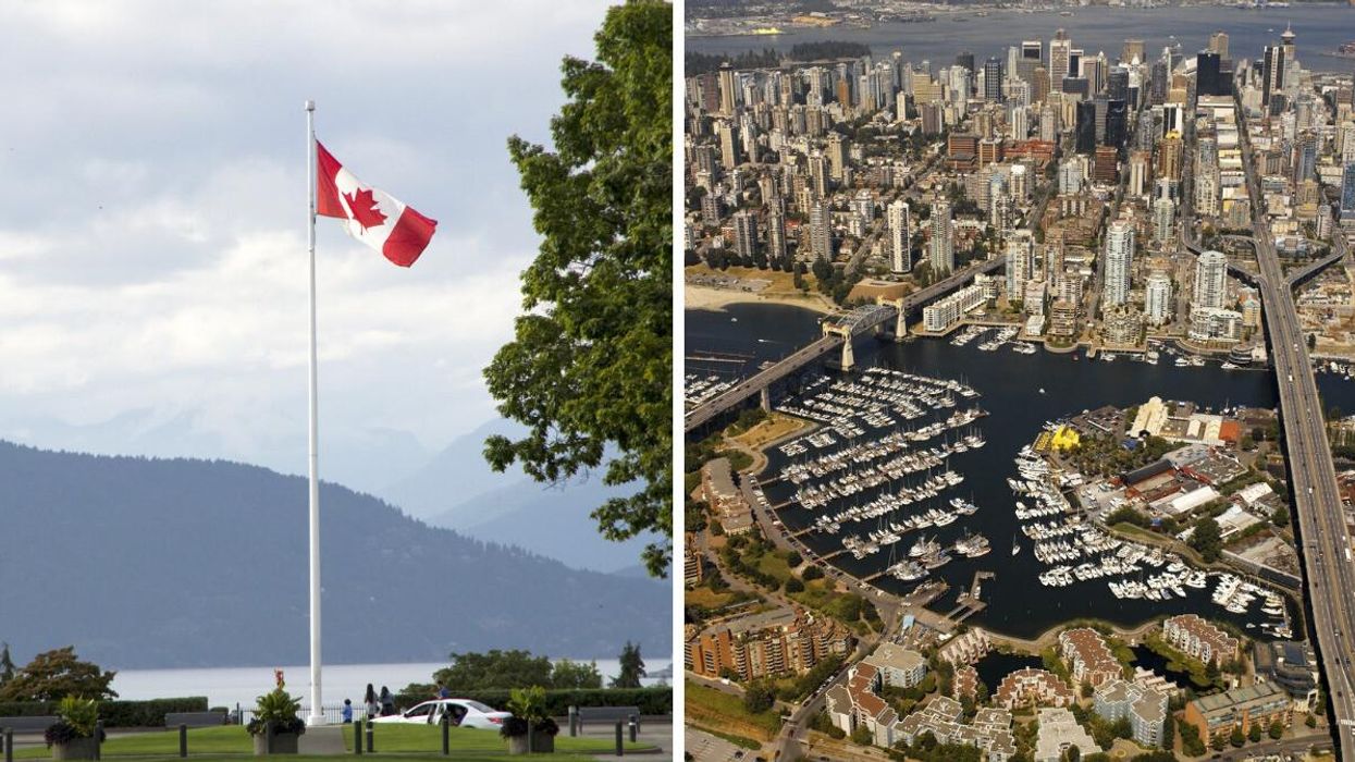 Canada flag. Right: Vancouver.