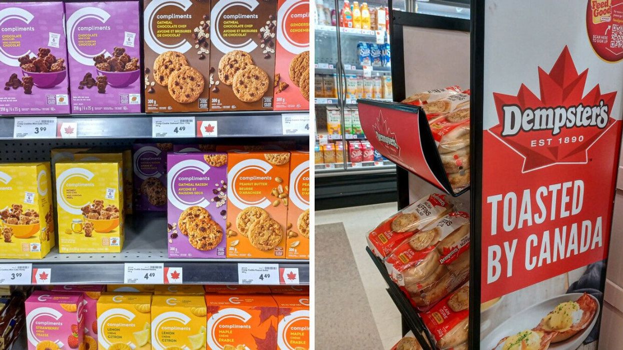 canada flags on shelves at a grocery stores. right: dempster's made in canada sign at a grocery store