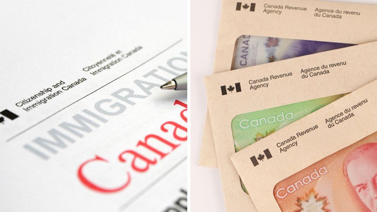 Canada immigration form. Right: CRA envelopes and Canadian money (illustrative).